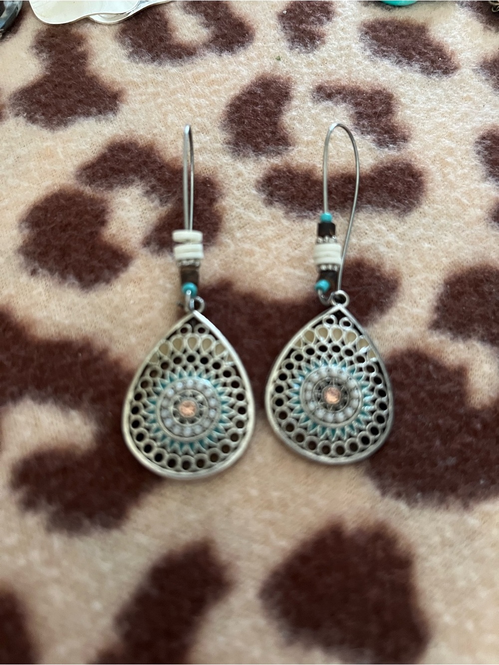Silver Filigree Teardrop Earrings with Turquoise Accent